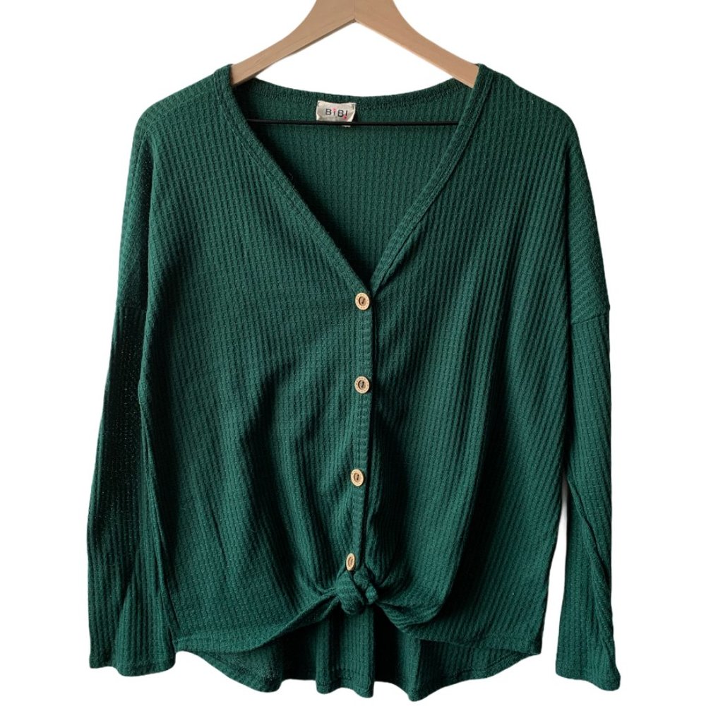 Green Waffle Knit Henley Button Up